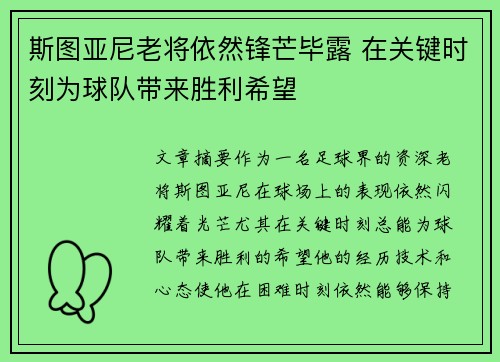 斯图亚尼老将依然锋芒毕露 在关键时刻为球队带来胜利希望 斯图亚尼老将依然锋芒毕露 在关键时刻为球队带来胜利希望